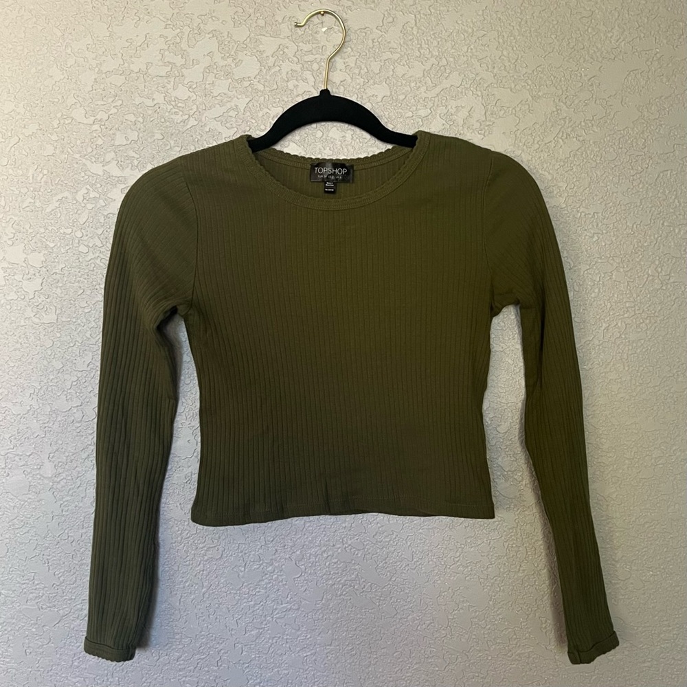 Topshop Olive Green Ribbed Long-Sleeve Crop Top